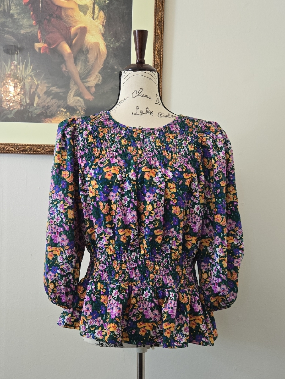 Pleione Smocked Peplum Floral Blouse in Purple/green Multi